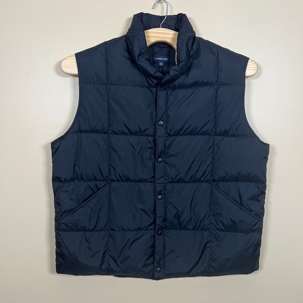 Lands End Puffer Vest Mens XL Navy Blue Snap Front Down Filled Quilted Warm NWT